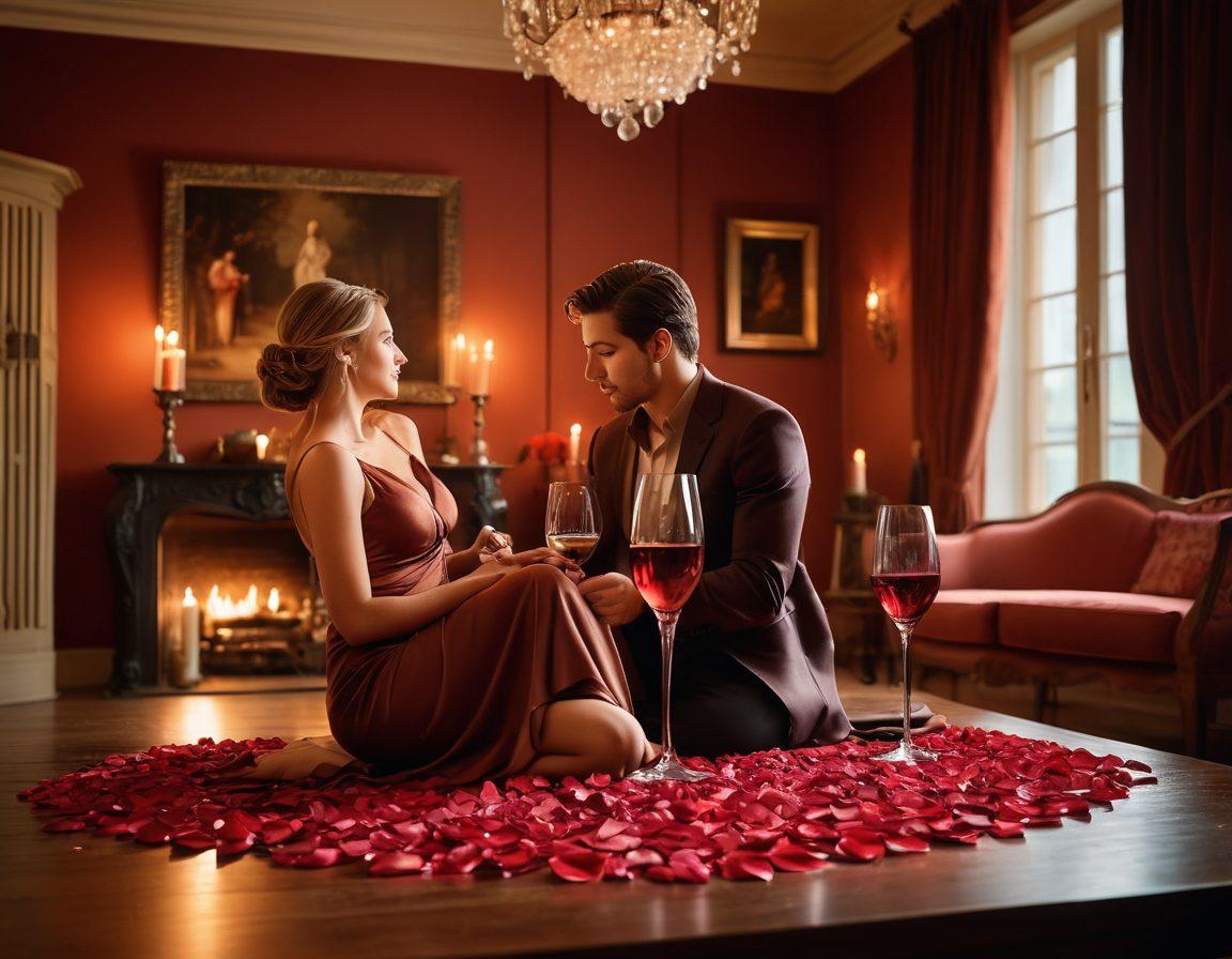 A romantic scene portraying a couple in a dimly lit, elegantly decorated room, showcasing subtle flirtation through soft glances and gentle touches. Incorporate elements like candles, rose petals, and a glass of wine, suggesting intimacy and desire. The atmosphere should be warm and inviting, with rich colors enhancing the mood of seduction. super-realistic. warm tones. soft focus.