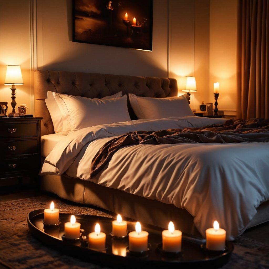 A sensual and inviting bedroom scene featuring a warm, dimly lit atmosphere. Incorporate an artistic display of various adult toys elegantly arranged on a plush bed, with soft silk sheets and inviting pillows. Add subtle elements suggesting personal intimacy, such as a hint of handcuffs and a blindfold, alongside flickering candles creating shadows. Emphasize a feeling of exploration and adventure in intimacy. super-realistic. warm tones. soft focus.