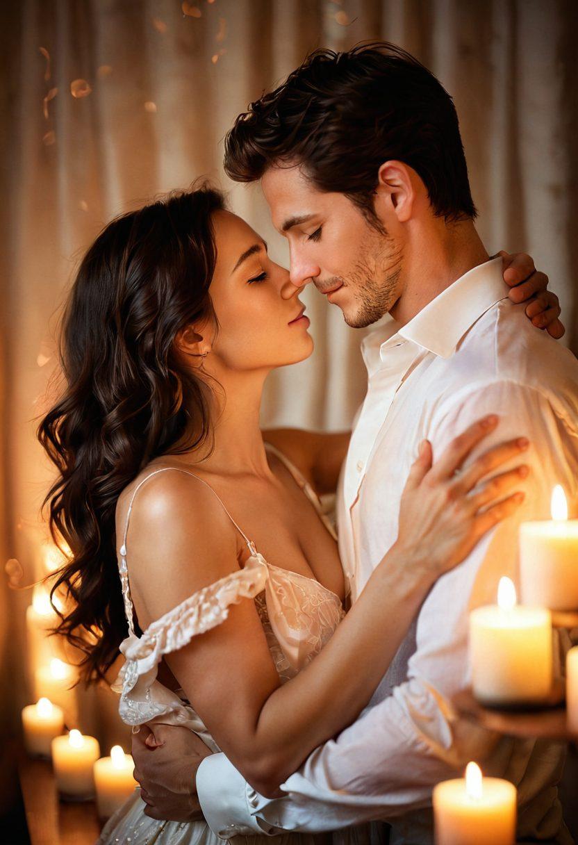 An intimate, warm setting featuring a couple entwined in a cozy embrace, surrounded by dim candlelight and soft fabric textures. The background includes subtle hints of romantic elements like rose petals and gentle music notes floating in the air. Soft, glowing highlights on their faces evoke passion and connection, enhancing the mood of arousal and intimacy. super-realistic. warm colors. soft focus.